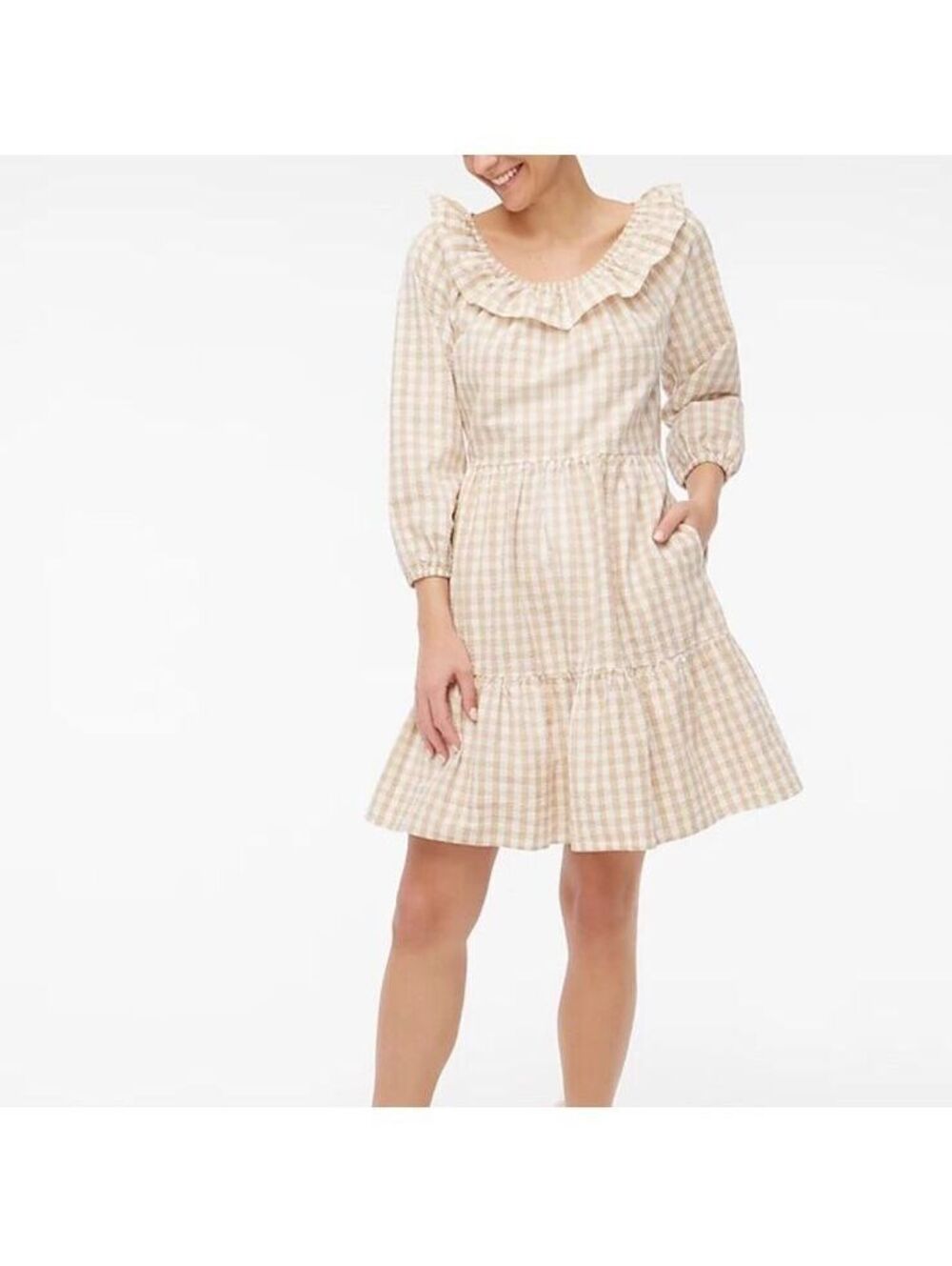 NWT J.Crew Seersucker Ruffleneck Gingham Mini Dress Tan White Size 14 Boho